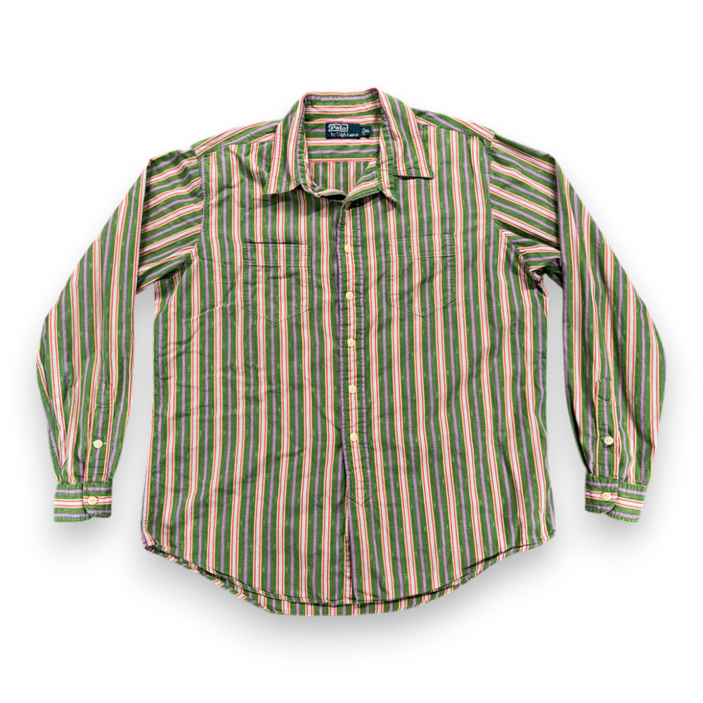 Vintage Polo Ralph Lauren Shirt Adult LARGE Green Purple Striped Diamond 90s